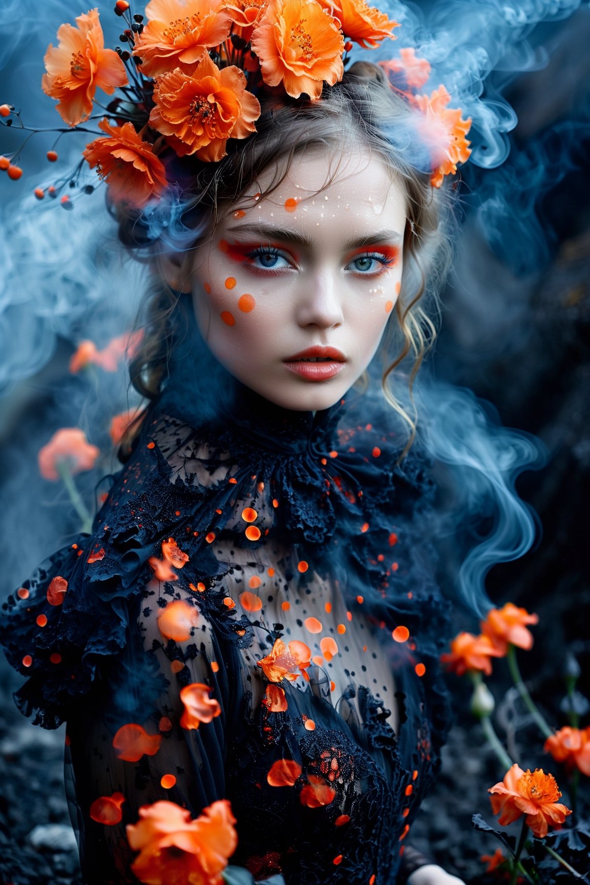 Fashion Photography, a hauntingly beautiful contrast – a model, beautiful, her eyes blue and luminous, embodies ethereal grace in a black and red Backlighting illuminates the volcanic landscape, smoke swirling around her like a misty dream, volcanic flowers glowing with biomorphic orange dots, couture rococo