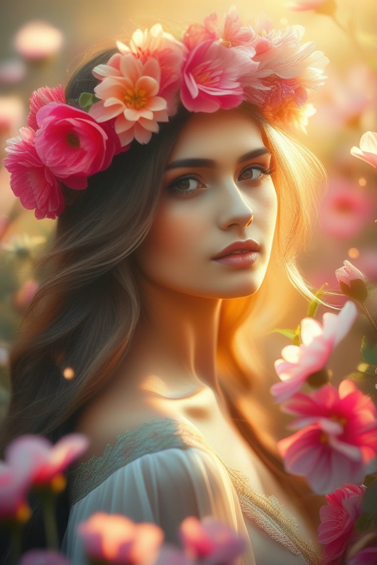 A serene, soft-focus portrait of a woman adorned with a delicate floral crown, set amidst a lush tapestry of blooming flowers. Her gentle features are bathed in warm, diffused light, radiating an otherworldly aura of ethereal beauty.