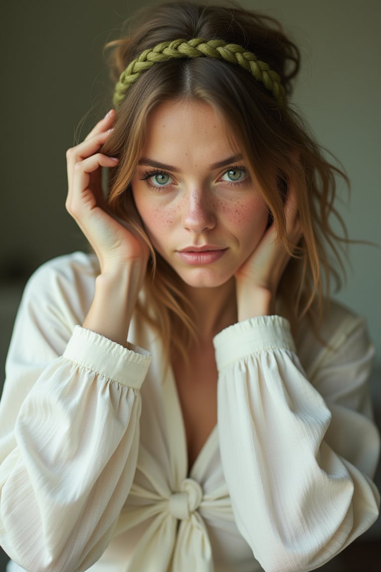 A soft-focused portrait of a woman, framed by a shallow depth of field, with a warm tone and gentle lighting. She wears a crisp white blouse with long sleeves tied at the neck, showcasing freckles scattered across her face. A verdant green headband adorns her forehead, complementing her tousled locks. Her hands gently caress her hair, as if lost in thought, while the surrounding environment fades into a gentle blur.