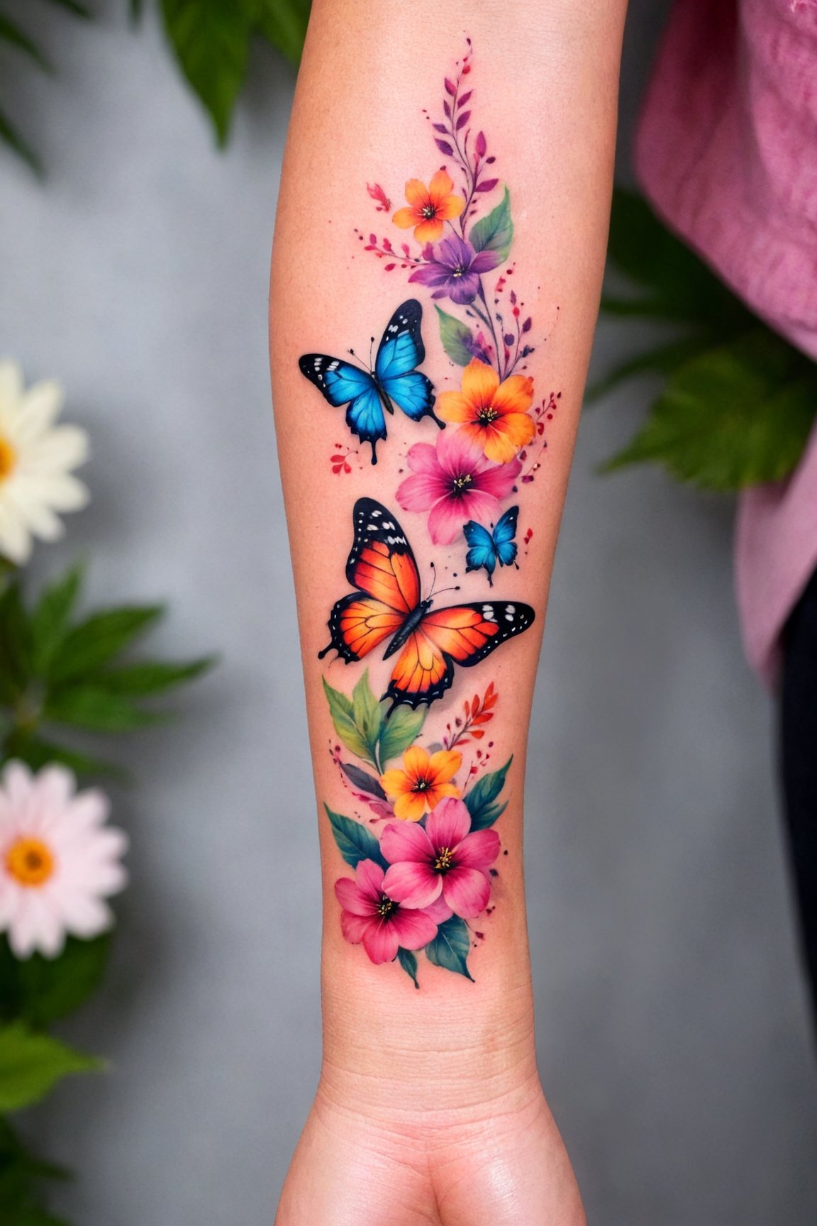 Wrist Tattoo, Tattoo Design, a woman's arm with a colorful butterfly tattoo on the left side of her arm, with flowers and leaves in the background