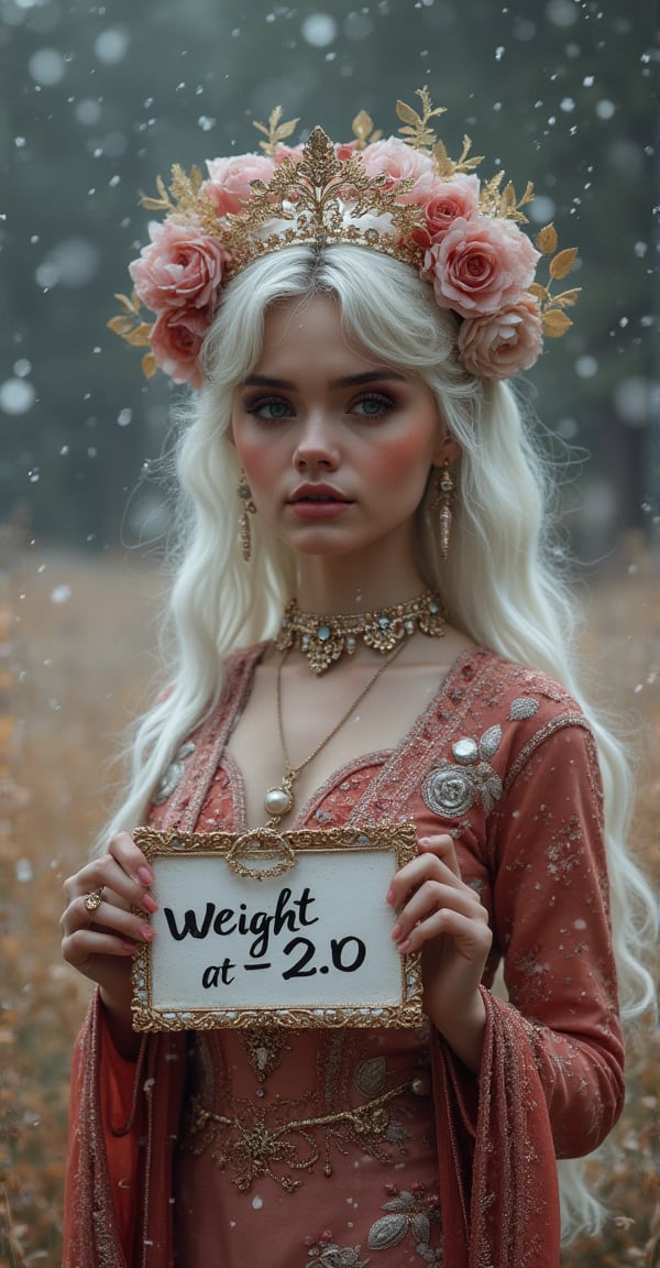 Real sharp photo, snowing, snowflakes in the air, blurred background, Black, pink, fuchsia, red portrait of a gorgeous princess with white hair, holding a sign that says " WEIGHT@-2.0", white milky makeup, ethnic dress with floral gowns, hair ornament made of blooming flowers, crystals, blurry background, tiara, earrings, facing the viewer stands amidst snowflakes, rose gold minerals, shiny aura, highly detailed, frozen organically grown crystals, gold and pearl filigree, intricate motifs, organic tracery. A mesmerizingly enchanting scene unfolds in this cinematic film still. The image, likely a photograph, is highly detailed, realistic, and dreamlike. The woman radiates a magical quality, in the lush, vibrant field surrounding her. The overall effect is breathtaking and truly captivating, inviting viewers to lose themselves in the allure of this enchanting moment.