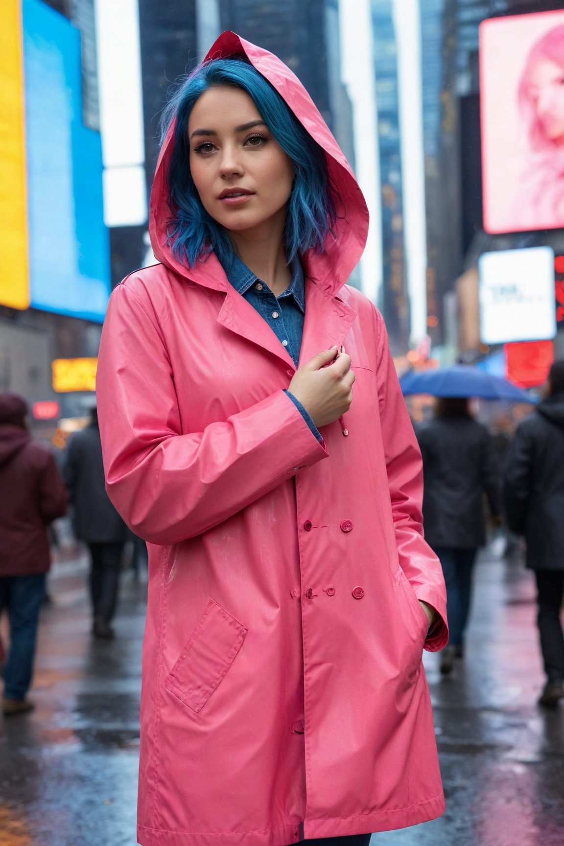 Ultra-high resolution, cinematic lighting,Woman wearing pink raincoat in Times Square,xxmix_girl,more detail XL, blue medium hair, mexican