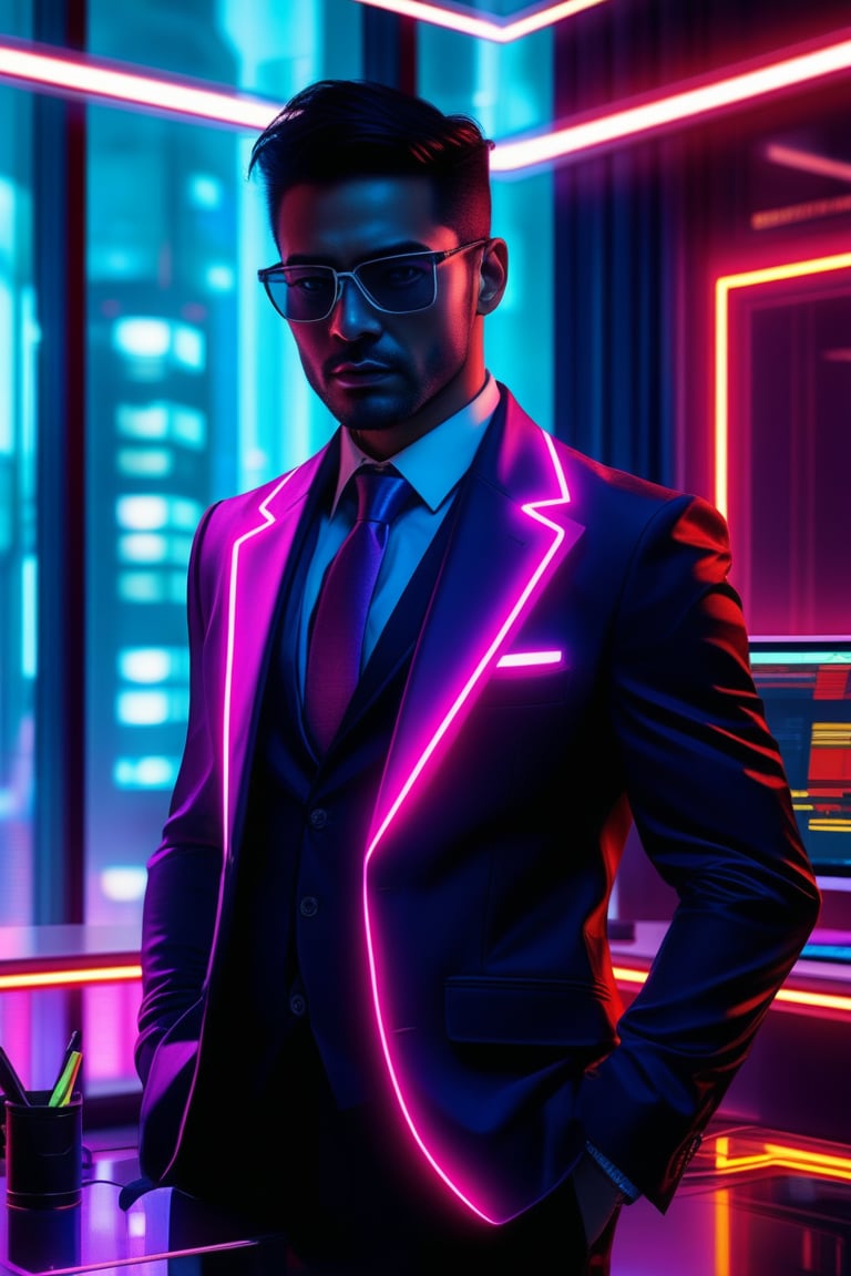 Cyberpunk Corporate Executive: high-tech office, neon suit, glowing accessories, sci-fi, digital interface, cyber elements, powerful presence, urban setting, tech mogul