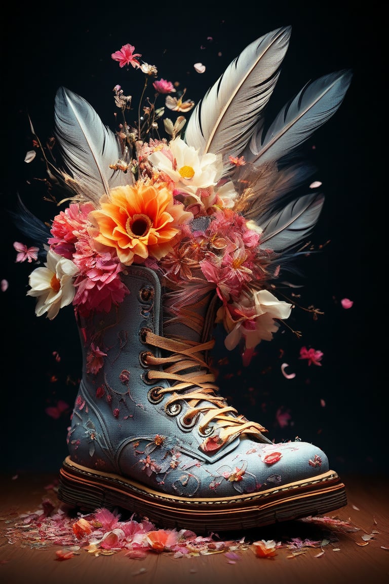 (abstract), ((giant extremely detailed shoe)) with flowers, feathers and grains in it, masterpiece, animated lighting, fever dream