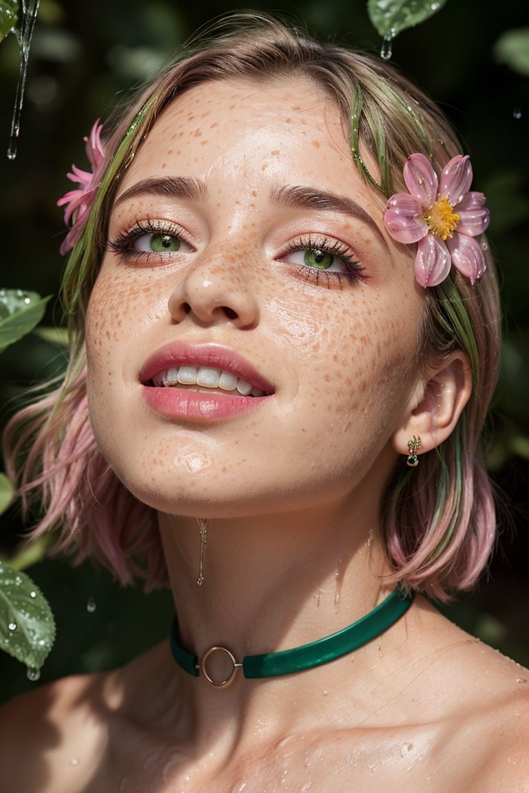 "(best quality, realistic, 1girl:1.1, dress, jewelry, green eyes, pink hair, flower, outdoors, parted lips, teeth, choker, wet lips, makeup, looking up, pink flower, freckles, rain)"