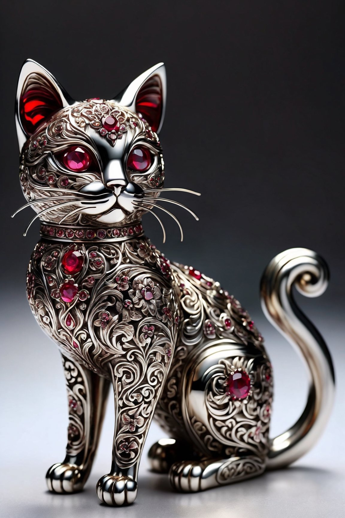 the ornate figurine of a cat, crafted from silver and adorned with intricate floral designs, sits majestically on the polished surface. its ruby red eyes glow with an eerie intensity, adding to its mystical aura. the cat figurine is not alone; it shares the space with other unique objects that add depth and character to the scene.
