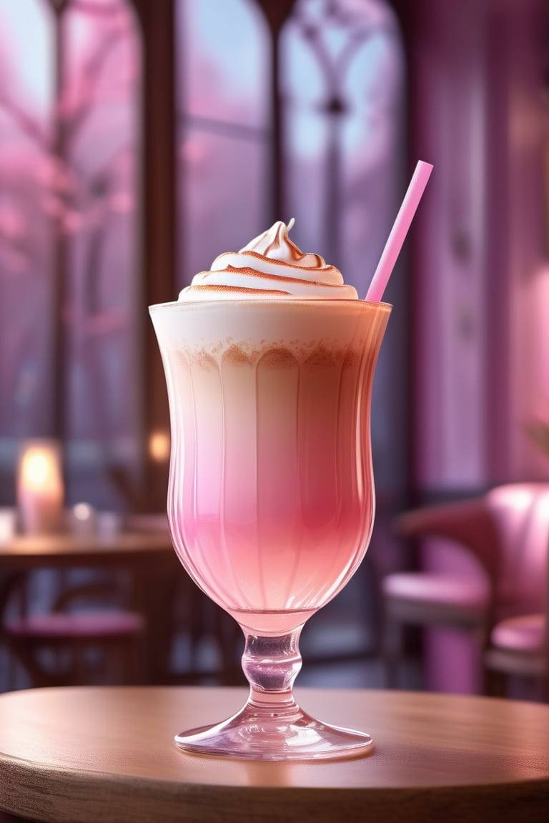 a magical fairy latte, in a transparent pink-tinted glass, high quality, inside of a fairy cafe, 8k, concept art, elegant
