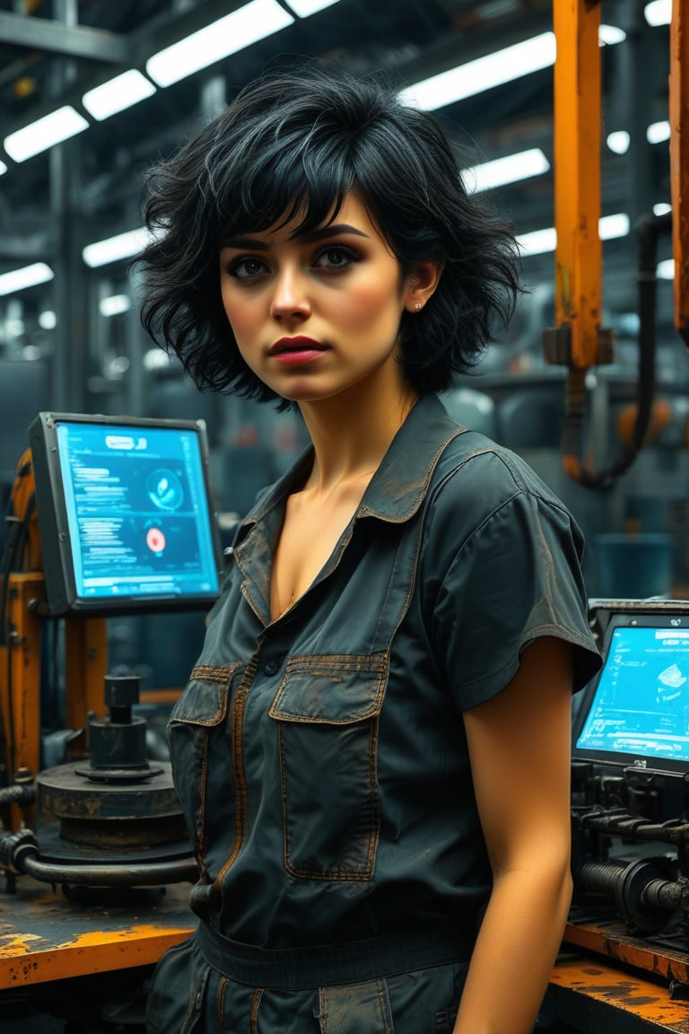 An absurd solution, High resolution, (masterpiece: 1.4), Super detailed, Young woman&#39;s messy short black hair, Welders dressing up, High-tech workbench in factory, Tech Sense Screen
