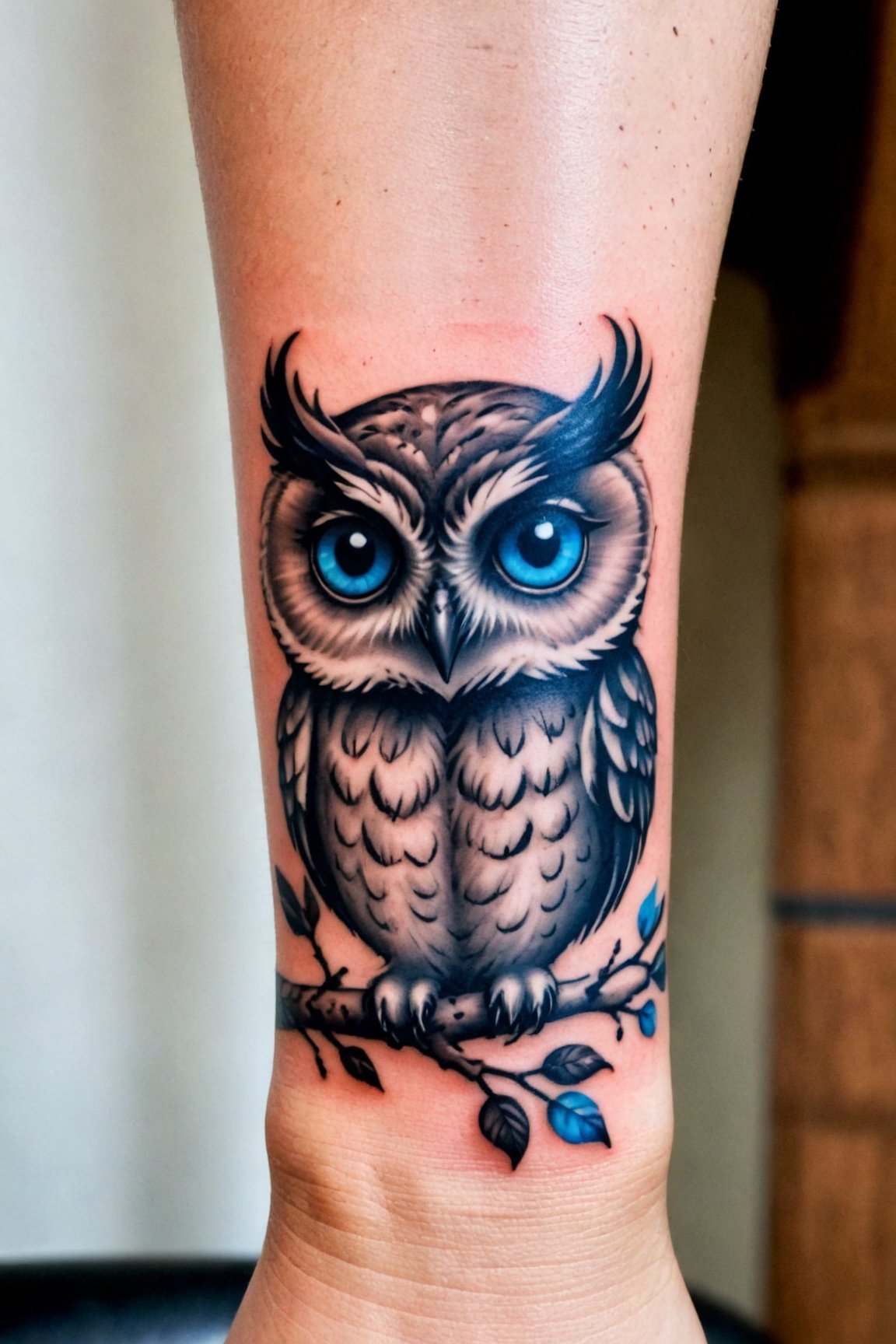 Wrist Tattoo, Tattoo Design, a tattoo of an owl sitting on a branch with blue eyes and a black and white design on the wrist