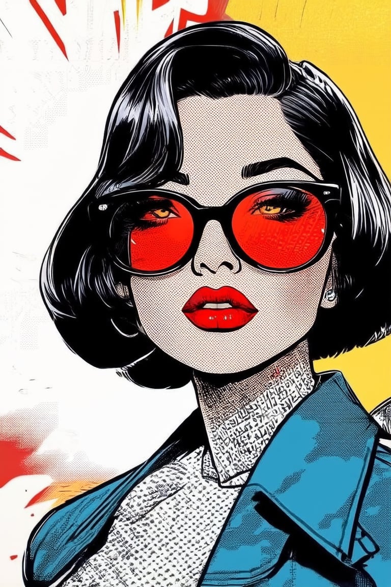 Comic Art Illustration Style,  a pop art style illustration of a woman wearing glasses, 1girl, solo, looking at viewer, short hair, blue eyes, black hair, makeup, red lips