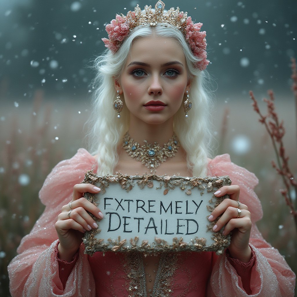 Real sharp photo, snowing, snowflakes in the air, blurred background, Black, pink, fuchsia, red portrait of a gorgeous princess with white hair, holding a sign that says "EXTREMELY DETAILED", white milky makeup, ethnic dress with floral gowns, hair ornament made of blooming flowers, crystals, blurry background, tiara, earrings, facing the viewer stands amidst snowflakes, rose gold minerals, shiny aura, highly detailed, frozen organically grown crystals, gold and pearl filigree, intricate motifs, organic tracery. A mesmerizingly enchanting scene unfolds in this cinematic film still. The image, likely a photograph, is highly detailed, realistic, and dreamlike. The woman radiates a magical quality, in the lush, vibrant field surrounding her. The overall effect is breathtaking and truly captivating, inviting viewers to lose themselves in the allure of this enchanting moment.