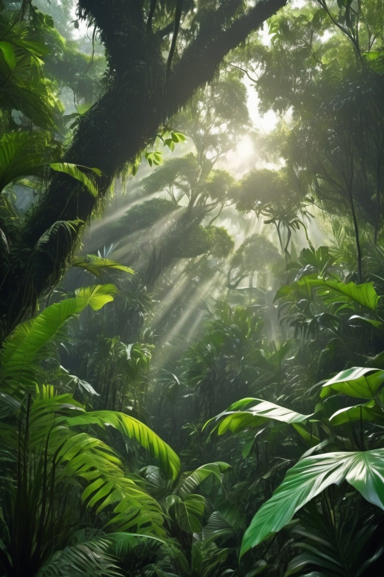 A dense rainforest canopy where sunlight pierces through, highlighting the dew-covered leaves that gleam in shades of green, capturing the intricate details and varying contrasts of a thriving jungle, 8K.
