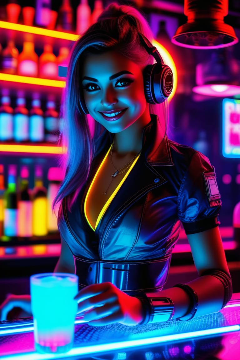 Cyberpunk Bartender Girl: neon-lit bar, glowing drinks, futuristic attire, sci-fi, cyber elements, urban nightlife, digital mixology, charismatic smile, high-tech bar.
