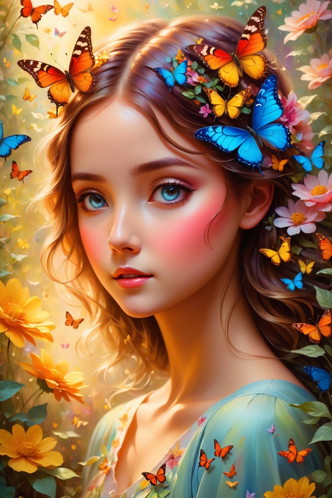 Girl with a butterfly head, surrounded by a colorful garden, soft and soothing colors, vibrant flowers, butterflies flying around, gentle sunlight, dreamlike atmosphere, detailed and realistic features, smooth brushstrokes, oil painting medium, high-quality and high-resolution, magical and surreal style, captivating and imaginative scene, happy and peaceful mood, intricate patterns on the butterfly wings, delicate petals and leaves, harmonious composition, ethereal and enchanting ambiance, the girl's serene expression, capturing the viewer's attention, a masterpiece that evokes emotions and sparks creativity. (best quality, 4k, highres, masterpiece:1.2), ultra-detailed, realistic:1.37, oil painting, vibrant colors, soft lighting, enchanting garden, magical butterfly