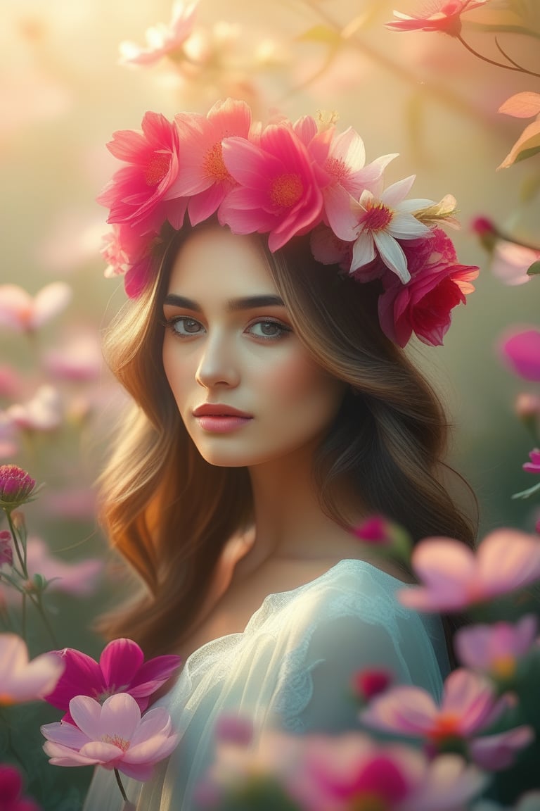 A serene, soft-focus portrait of a woman adorned with a delicate floral crown, set amidst a lush tapestry of blooming flowers. Her gentle features are bathed in warm, diffused light, radiating an otherworldly aura of ethereal beauty.