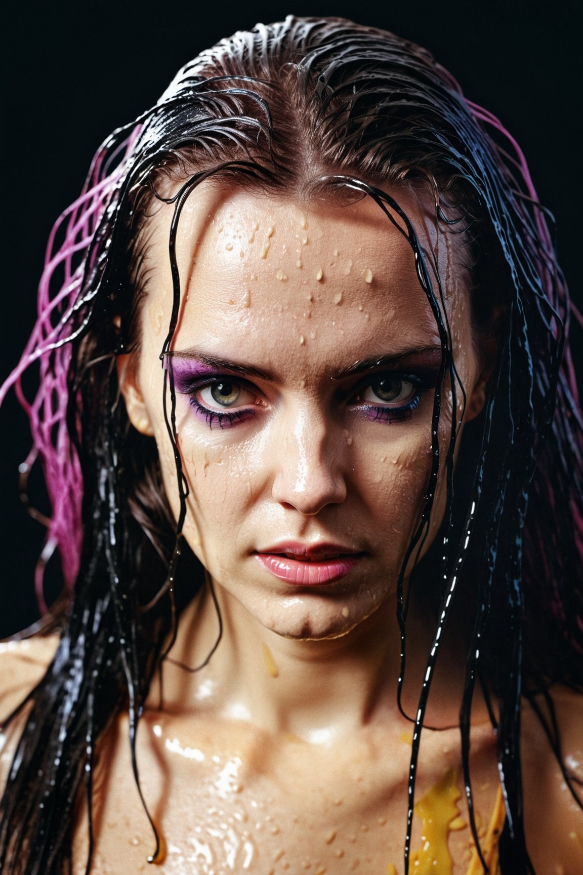 ultra detailed lomography portrait shot of a woman with ((wet hair:1.9)) (( Long hair)), wet skin, very bold 80's fashion makeup, extremely detailed skin texture, (vignette:1.5), grainy texture, photo), (80's makeup:2) (pop colors:1.9), shot by Mschiffer


