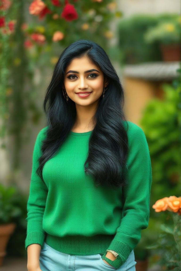 Lovely cute young attractive indian girl, 35 years old, cute model, long black_hair, black hair, They are wearing a green sweater, and she is a garden, good fit body
