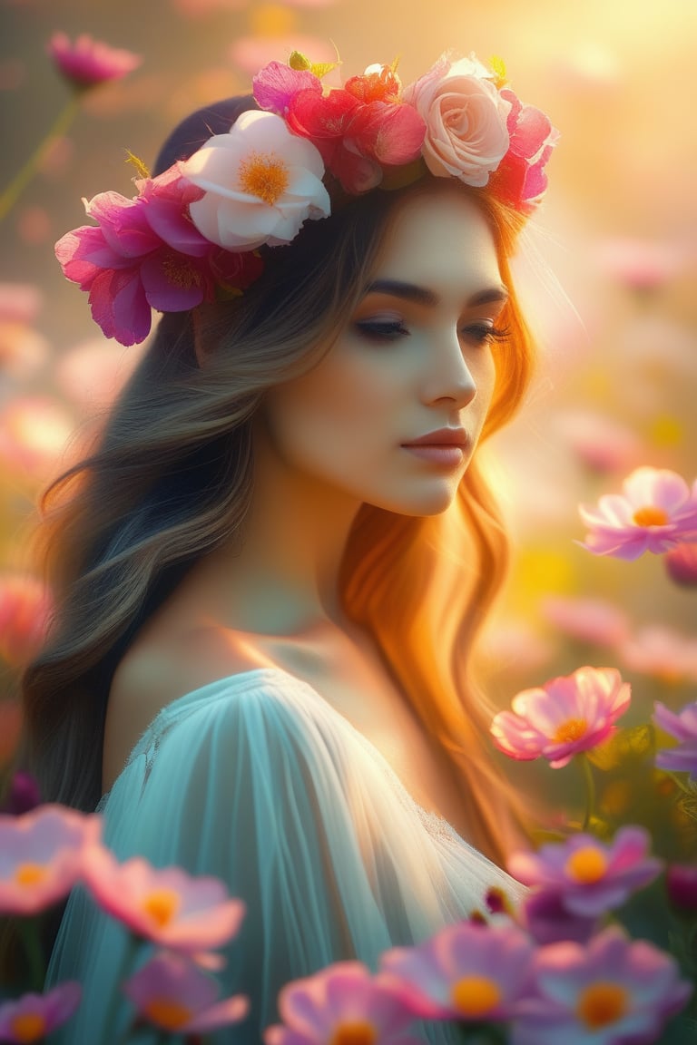 A serene, soft-focus portrait of a woman adorned with a delicate floral crown, set amidst a lush tapestry of blooming flowers. Her gentle features are bathed in warm, diffused light, radiating an otherworldly aura of ethereal beauty.