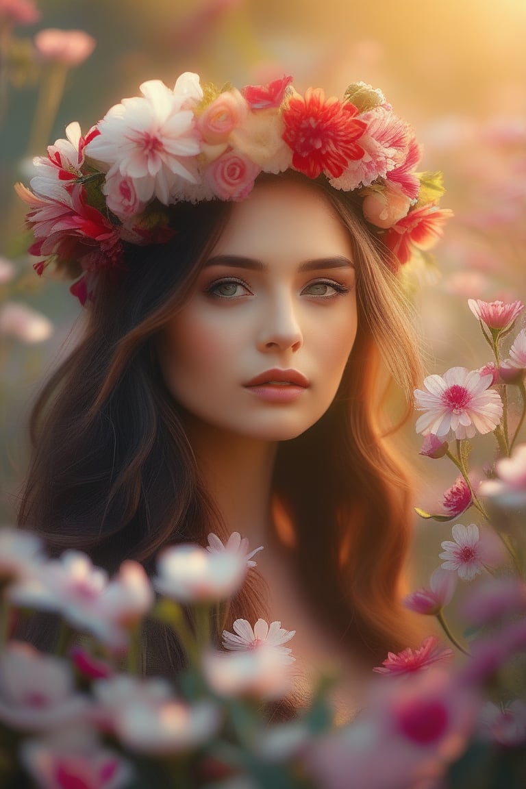 A serene, soft-focus portrait of a woman adorned with a delicate floral crown, set amidst a lush tapestry of blooming flowers. Her gentle features are bathed in warm, diffused light, radiating an otherworldly aura of ethereal beauty.