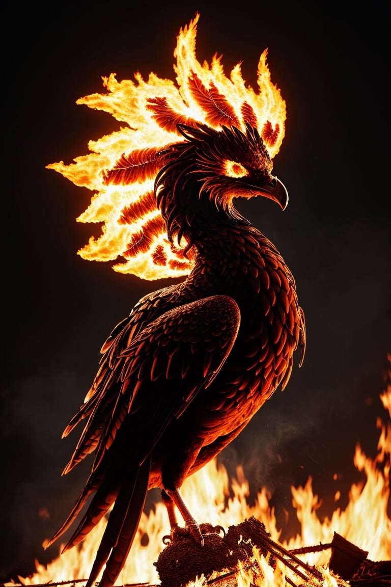 A photorealistic phoenix rizing from the ashes. fire, light, 
