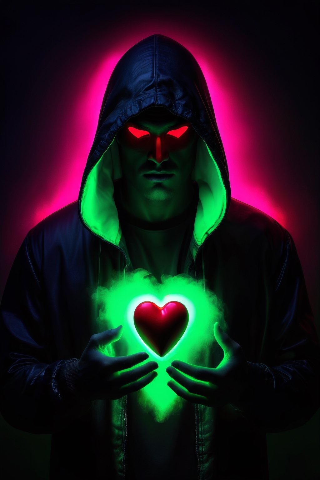 skp style, Capture a photorealistic scene of a man holding a heart, his face obscured. The image should feature a red neon heart (Lave: 1) as the focal point, illuminated by a green backlight. Create a digital art piece with vibrant neon green colors, designed for use as a Discord profile picture or iPhone wallpaper. The man should be in a vantablack chiaroscuro, wearing a black hood with no visible eyes. Incorporate a glowing halo overhead, neon inc branding, and a background enveloped in vivid green neon fog. Enhance the fantasy by infusing super colorful and bright elements, making it a perfect representation for Valentine's Day.