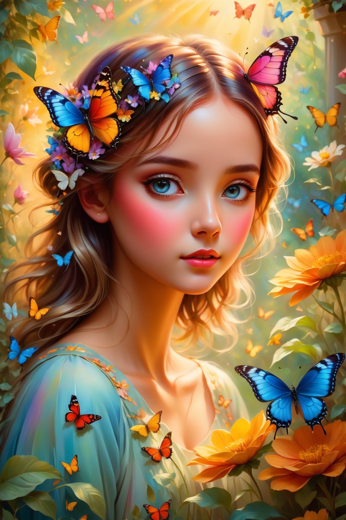 Girl with a butterfly head, surrounded by a colorful garden, soft and soothing colors, vibrant flowers, butterflies flying around, gentle sunlight, dreamlike atmosphere, detailed and realistic features, smooth brushstrokes, oil painting medium, high-quality and high-resolution, magical and surreal style, captivating and imaginative scene, happy and peaceful mood, intricate patterns on the butterfly wings, delicate petals and leaves, harmonious composition, ethereal and enchanting ambiance, the girl's serene expression, capturing the viewer's attention, a masterpiece that evokes emotions and sparks creativity. (best quality, 4k, highres, masterpiece:1.2), ultra-detailed, realistic:1.37, oil painting, vibrant colors, soft lighting, enchanting garden, magical butterfly