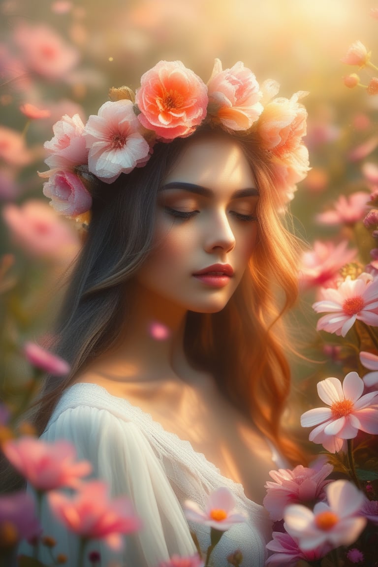 A serene, soft-focus portrait of a woman adorned with a delicate floral crown, set amidst a lush tapestry of blooming flowers. Her gentle features are bathed in warm, diffused light, radiating an otherworldly aura of ethereal beauty.