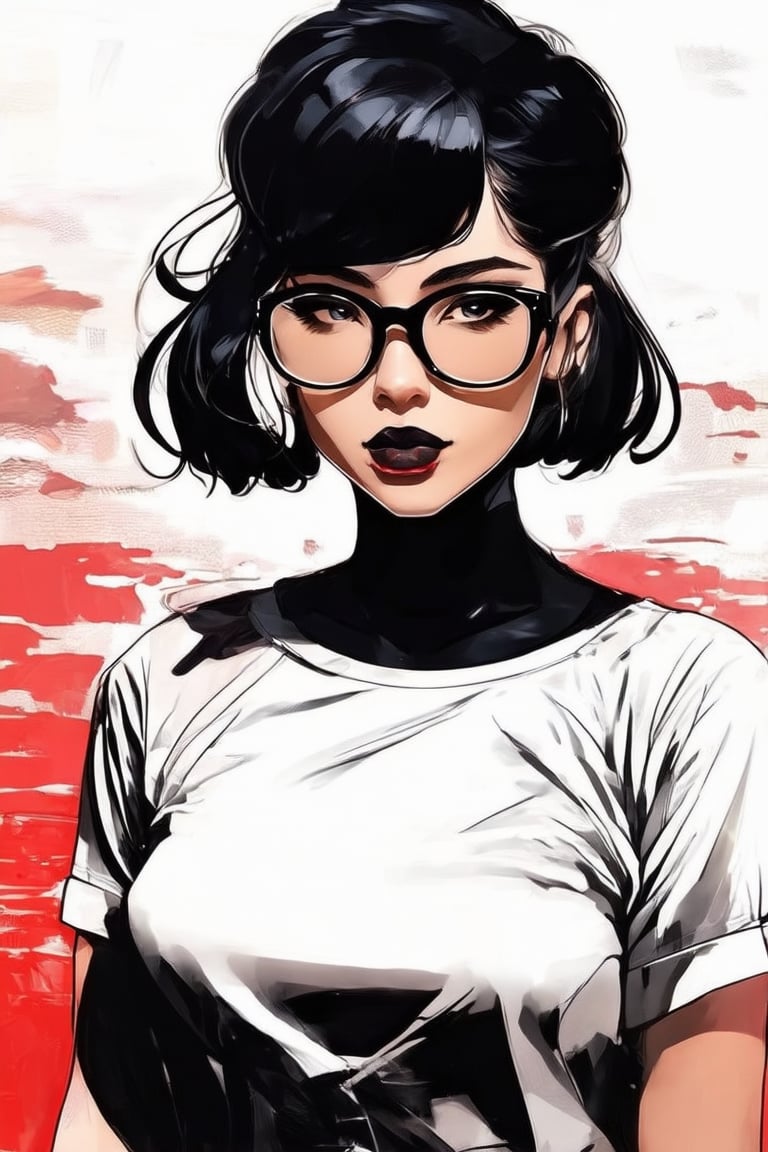 Comic Art Illustration Style,  a painting of a woman with glasses and black hair, 1girl, solo, looking at viewer, shirt, black hair, brown eyes, white shirt, lips, sunglasses