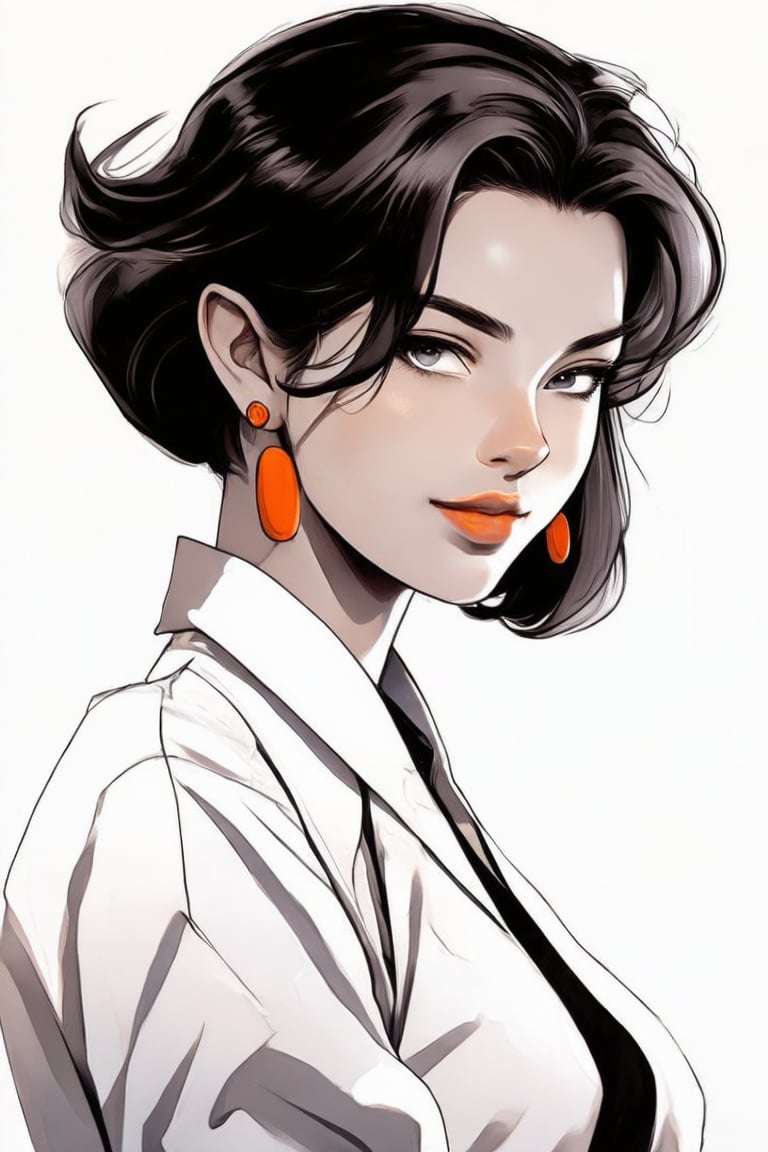 Comic Art Illustration Style,  a woman in a white shirt and orange earrings, 1girl, solo, looking at viewer, short hair, black hair, jewelry, earrings, mole, mole under eye, black background