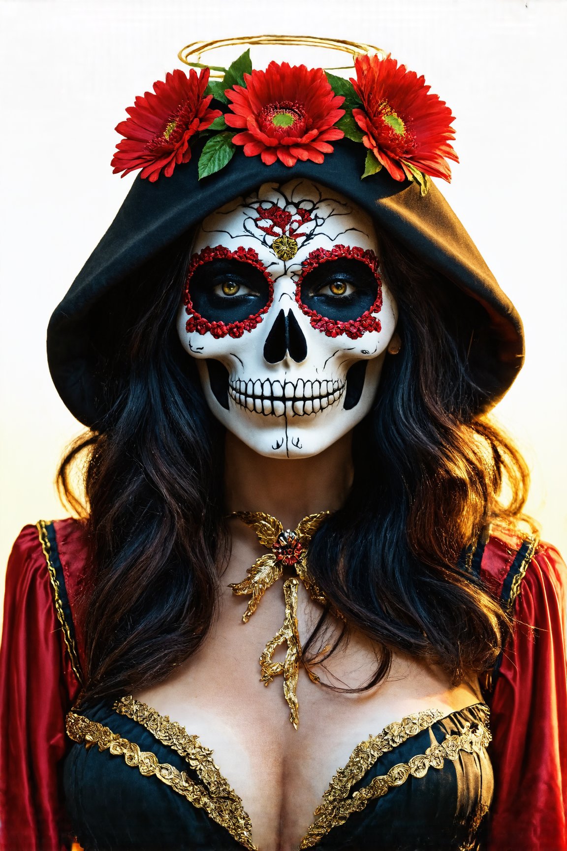 woman dressed sugar skull costume flowers, amazing octane render, thick dust red tones, wearing golden halo, saint woman, white skeleton face, wearing dark hood, hyperrealistic concept art, flower,