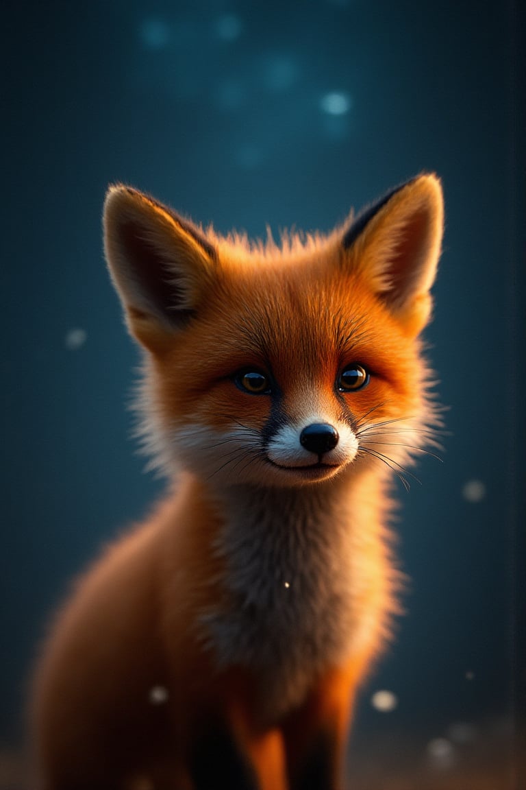 A close-up of a young fox with glowing eyes and soft fur that radiates a faint, magical light. The background is filled with the twinkling stars of Dreamstar, blending cosmic blues and oranges, as the fox curiously gazes into the distance, its features illuminated by the ethereal glow.