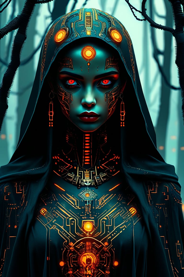 Cyberpunk priestess, pale face with intricate circuitry tattoos. Glowing red eyes, black lips. Ornate golden hood, dark robe. Mechanical neck and chest visible. Eerie forest background. Hyper-detailed, dramatic lighting, digital art style. Gothic and futuristic blend