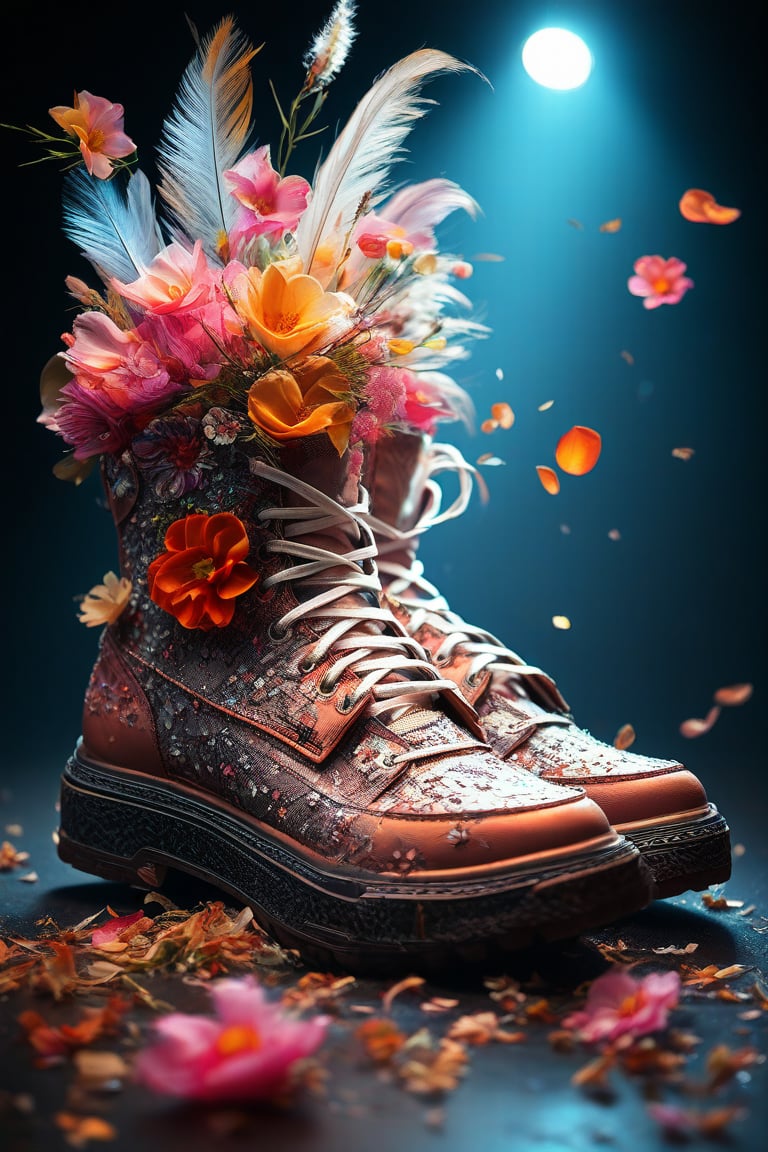 (abstract), ((giant extremely detailed shoe)) with flowers, feathers and grains in it, masterpiece, animated lighting, fever dream