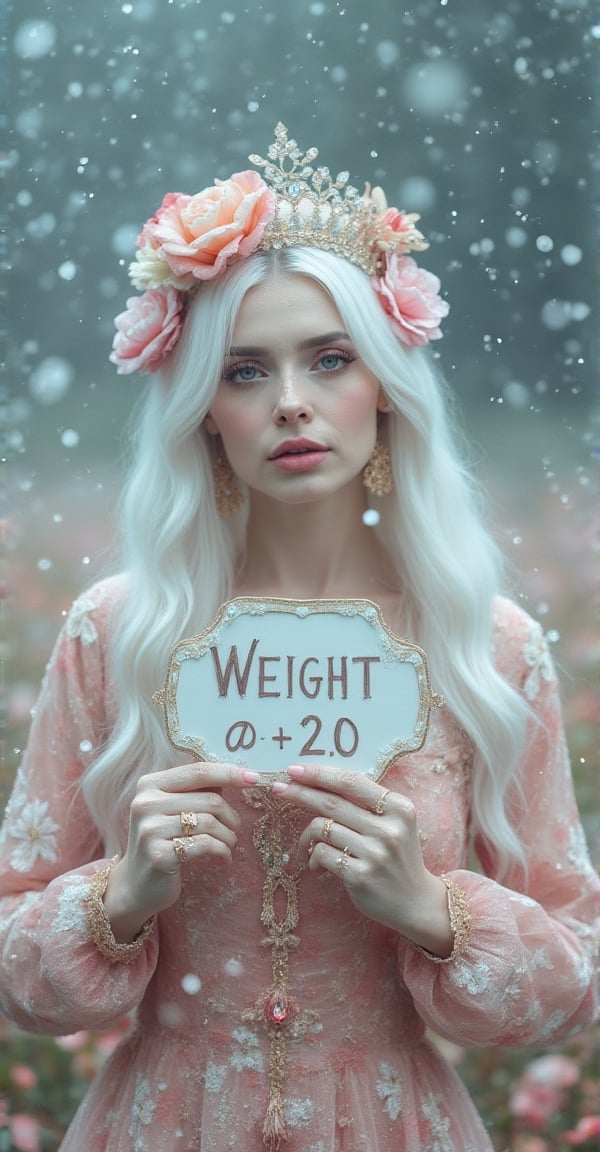 Real sharp photo, snowing, snowflakes in the air, blurred background, Black, pink, fuchsia, red portrait of a gorgeous princess with white hair, holding a sign that says " WEIGHT@+2.0", white milky makeup, ethnic dress with floral gowns, hair ornament made of blooming flowers, crystals, blurry background, tiara, earrings, facing the viewer stands amidst snowflakes, rose gold minerals, shiny aura, highly detailed, frozen organically grown crystals, gold and pearl filigree, intricate motifs, organic tracery. A mesmerizingly enchanting scene unfolds in this cinematic film still. The image, likely a photograph, is highly detailed, realistic, and dreamlike. The woman radiates a magical quality, in the lush, vibrant field surrounding her. The overall effect is breathtaking and truly captivating, inviting viewers to lose themselves in the allure of this enchanting moment.