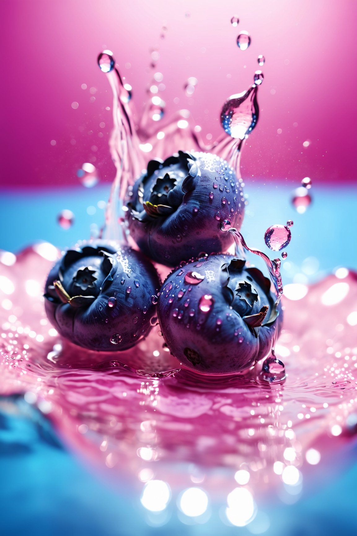 refreshing, vibrant glowing 3 blueberries, floating in the water, macro photography, dew drops, pink lighting, glitters in the water, refreshing , in the style of a product hero shot in motion, dynamic magazine ad image, photorealism, flowing water background, sunshine, sparkling in the water
