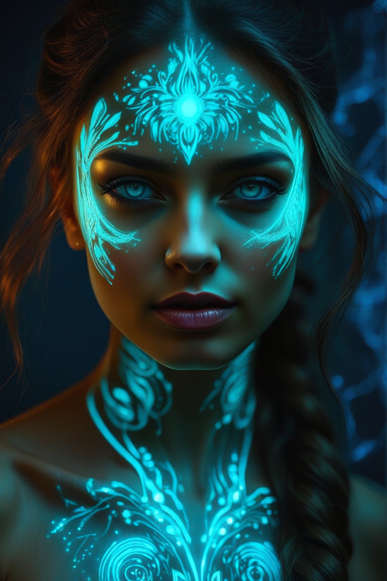 A woman with a face that glows with bioluminescent patterns, mystical and surreal