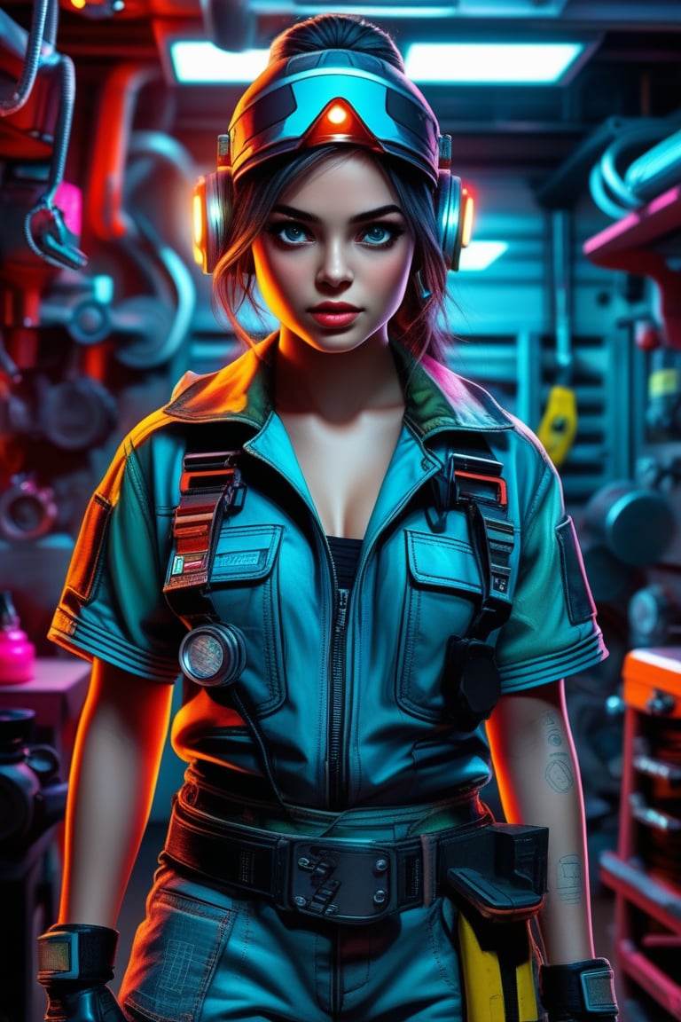 Cyberpunk Mechanic Girl: glowing tools, neon-lit garage, futuristic overalls, sci-fi, cyber elements, urban workshop, digital interface, tech-savvy, rugged appearance