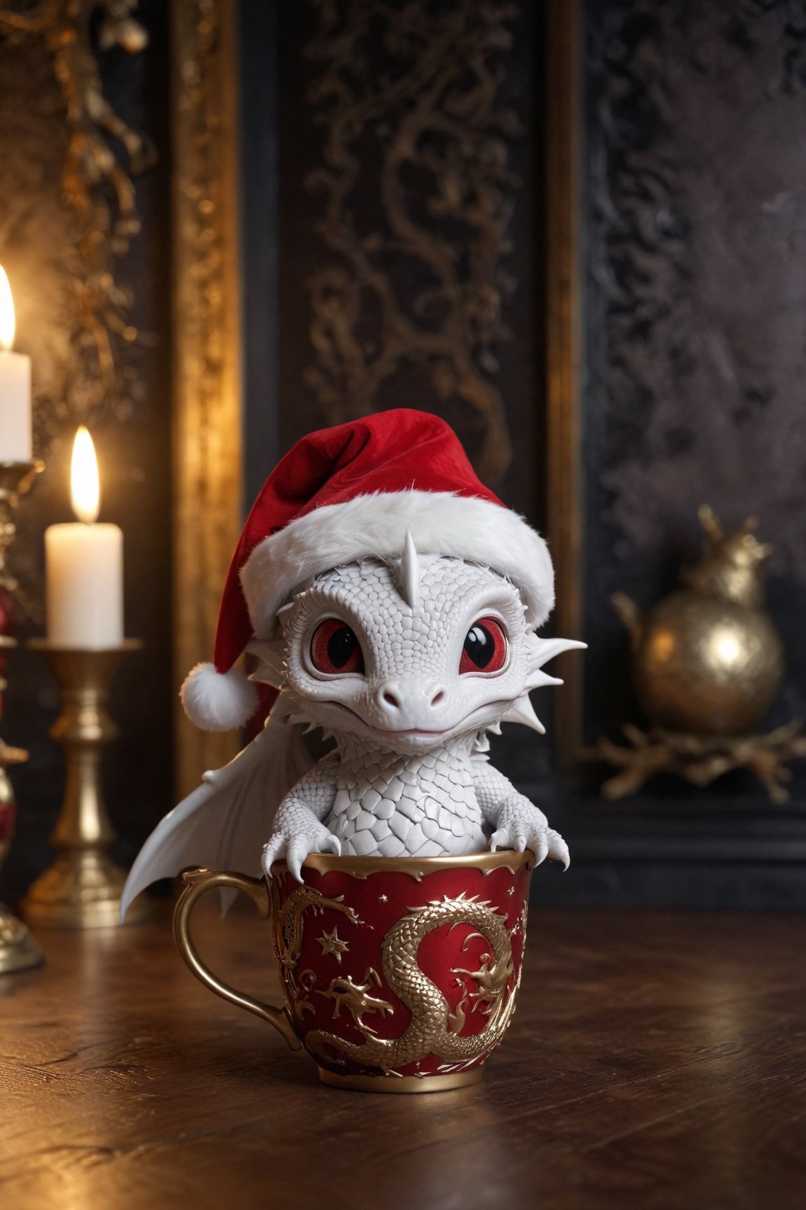 a dark gothic, White dragon baby wearing a red Christmas hat, in a golden Christmas cup. surrounding by dark gothic room, soft cinematic lighting, highly detailed, 8k