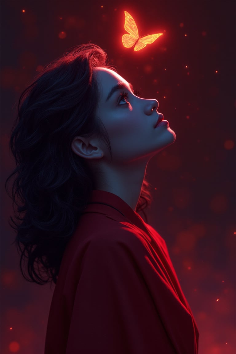 A striking illustration of Ranni’s face, illuminated by a soft red light, captivated by a radiant butterfly hovering above it. Witch princess, wavy hair, petite, robe , blue skin, mythp0rt, and creating a mysterious, cinematic atmosphere., cinematic, vibrant, photo, illustration