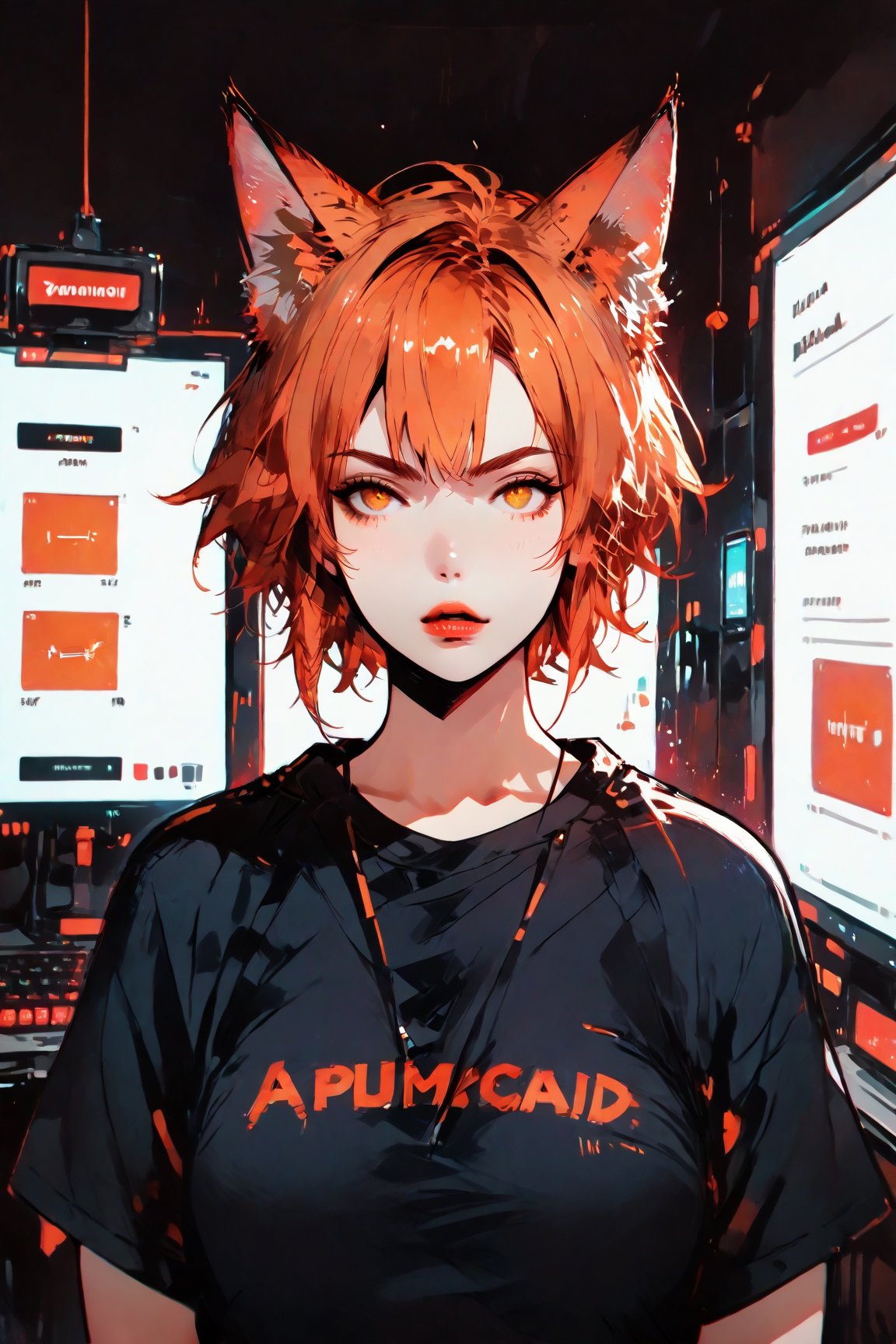 Prompt: score_9, score_8_up, score_7_up, score_6_up, 1girl, curvy, t-shirt, 1ly4, ginger hair, fox ears,
