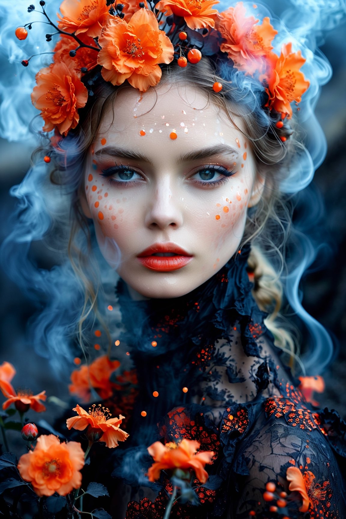 Fashion Photography, a hauntingly beautiful contrast – a model, beautiful, her eyes blue and luminous, embodies ethereal grace in a black and red Backlighting illuminates the volcanic landscape, smoke swirling around her like a misty dream, volcanic flowers glowing with biomorphic orange dots, couture rococo