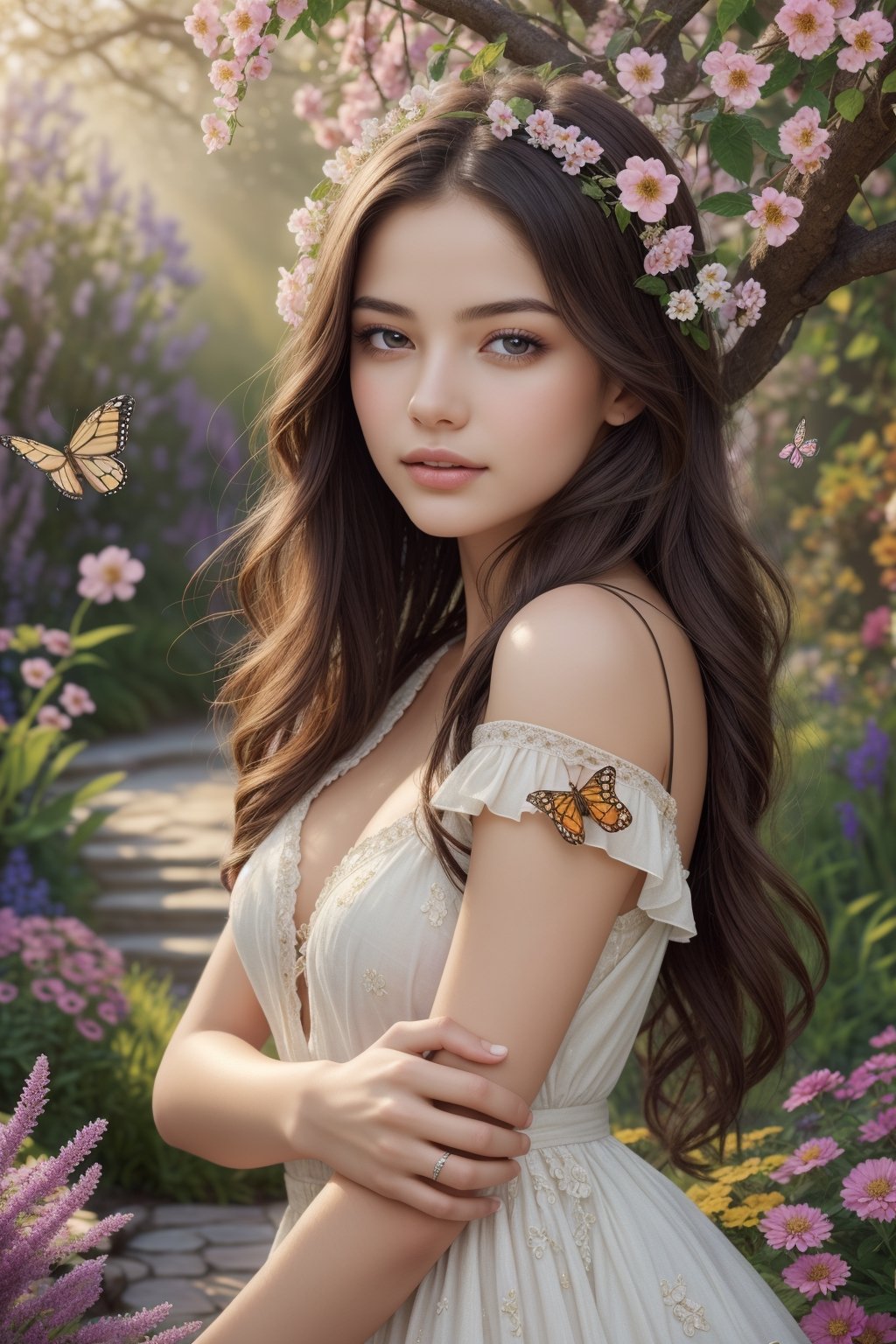 girl with a butterfly head, surrounded by a colorful garden, soft and soothing colors, vibrant flowers, butterflies flying around, gentle sunlight, dreamlike atmosphere, detailed and realistic features, smooth brushstrokes, oil painting medium, high-quality and high-resolution, magical and surreal style, captivating and imaginative scene, happy and peaceful mood, intricate patterns on the butterfly wings, delicate petals and leaves, harmonious composition, ethereal and enchanting ambiance, the girl's serene expression, capturing the viewer's attention, a masterpiece that evokes emotions and sparks creativity. (best quality, 4k, highres, masterpiece:1.2), ultra-detailed, realistic:1.37, oil painting, vibrant colors, soft lighting, enchanting garden, magical butterfly
,More Detail