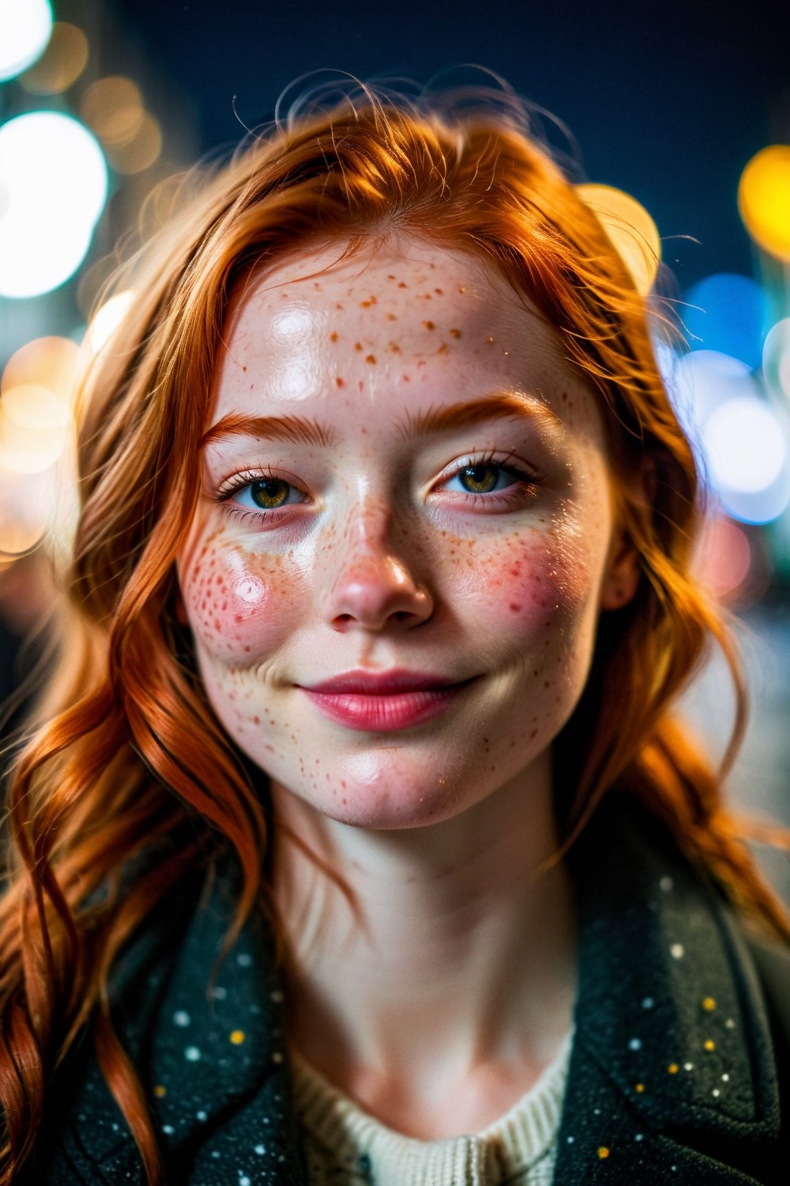 closed lips, cute smile, cinematic photo (art by Mathias Goeritz:0.9) , photograph, Lush Girlfriend, Tax collector, Rich ginger hair, Winter, tilt shift, Horror, specular lighting, film grain, Samsung Galaxy, F/5, (cinematic still:1.2), freckles . 35mm photograph, film, bokeh, professional, 4k, highly detailed ,1 girl,midjourney,yuzu, perfect, fingers,

,Extremely Realistic