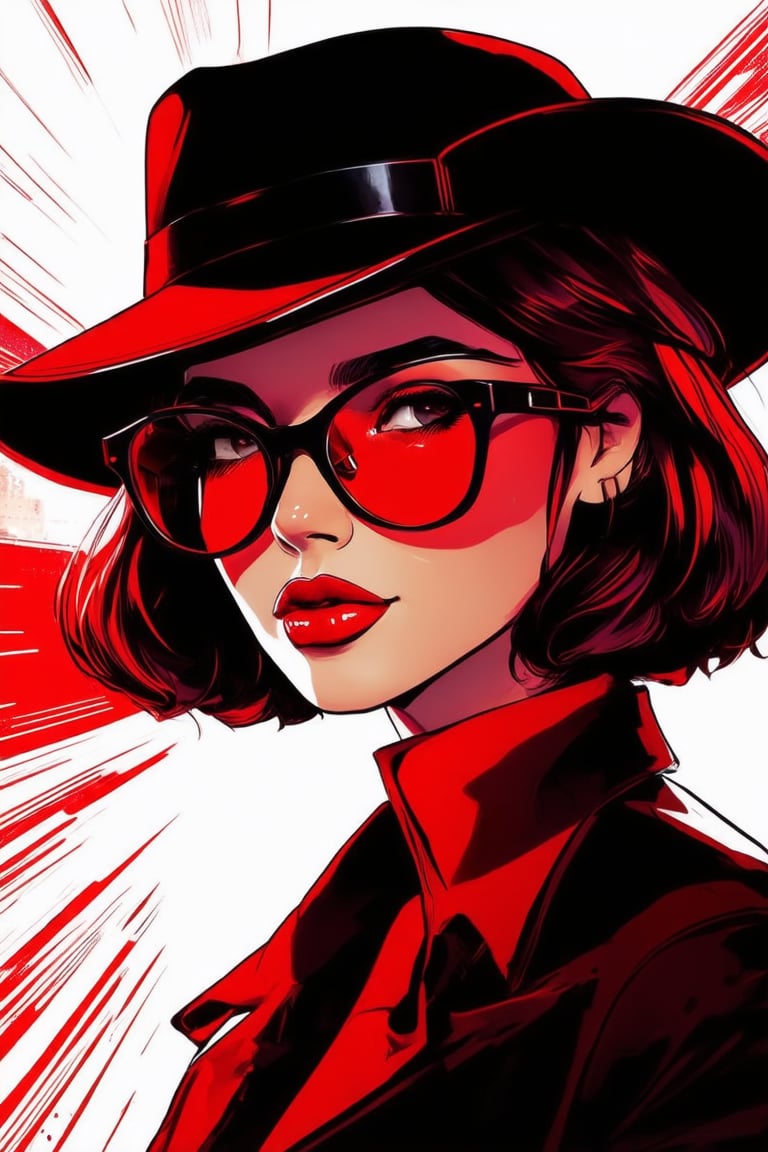 Comic Art Illustration Style,  an illustration of a woman wearing glasses and a hat, 1girl, solo, looking at viewer, short hair, hat, jewelry, earrings, glasses, red background, red lips