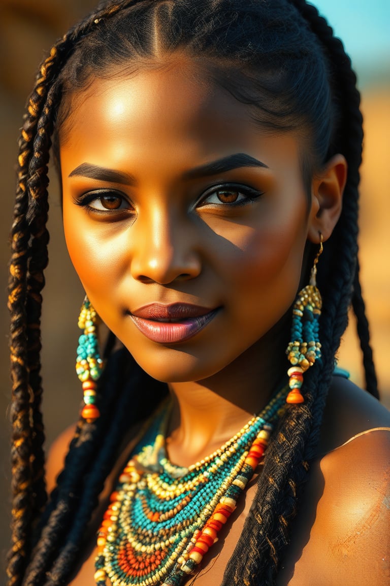 A close-up shot of a woman's face, her braids woven intricately with vibrant beads that catch the warm sunlight. Her eyes gleam with cultural pride as she proudly wears traditional adornments, her dark skin radiant against the earthy tones of her surroundings.