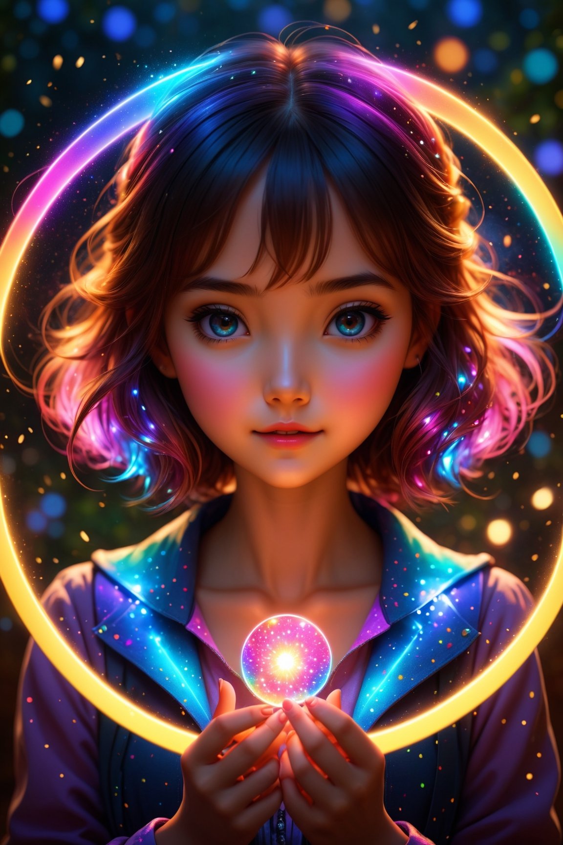 (best quality, masterpiece:1.2),ultra detailed,(photo realistic:1.4),solo,cute girl,(colorful illumination:1.1),light_particles, summon,on hand,luminescence_circle_background,
