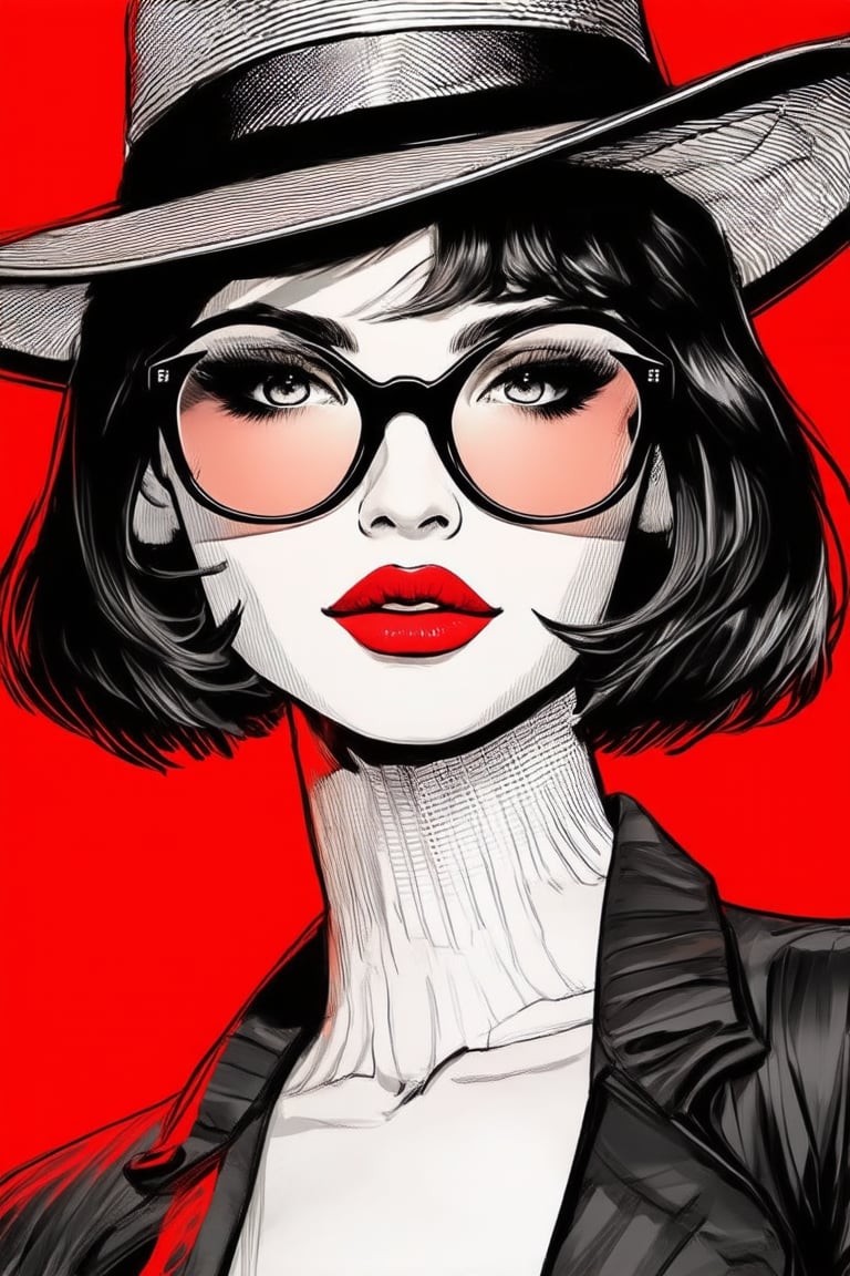 Comic Art Illustration Style,  an illustration of a woman wearing glasses and a hat, 1girl, solo, looking at viewer, short hair, hat, jewelry, earrings, glasses, red background, red lips