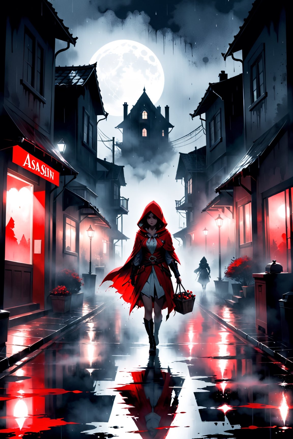 Ink illustration, female assassin s creed version of little red riding hood, rain, moon, night, eerily dark suburban street, ominous, silhouette, black and gray, reflection, fog, blurry, eerie light, wide shot, limited palette, tense, disturbing, unsettling, one isolated red stain, ink splatters, ink runs, ink spots, faded ink, linquivera, ais-sinisterz
