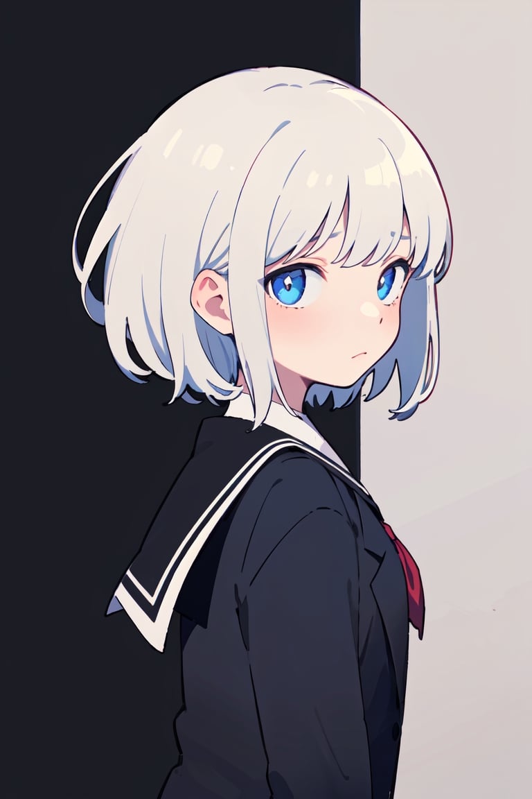 ((masterpiece,  best quality)),  1girl,  white_hair,  wavy hair,  hair_pin,  blue_eyes,  short_hair,  school_uniform, black blazer, emotionless, from_side, looking_at_viewer, white-black two-tone-hair