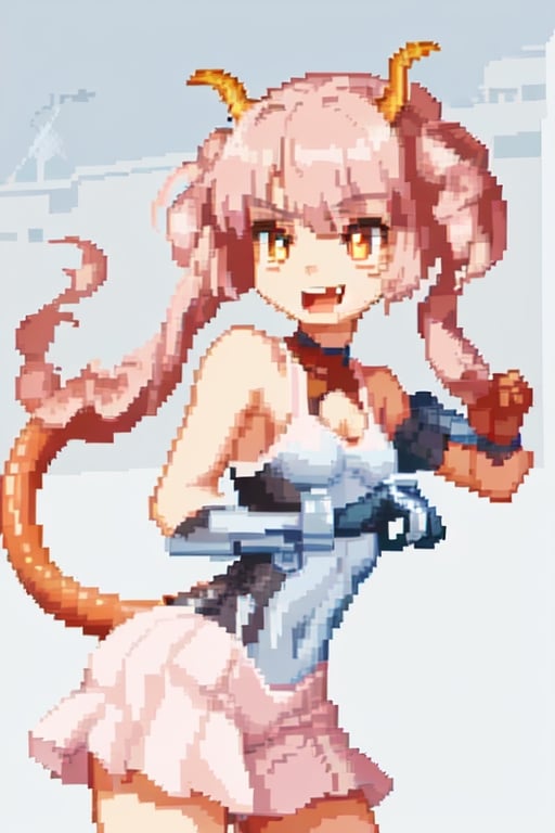 A girl alone, pixel art style, in a fighting position, looking to the left, with her body facing forward, with a small dragon on her arm